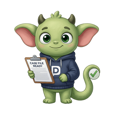 Calm Dispute Gremlin holding an organised case file